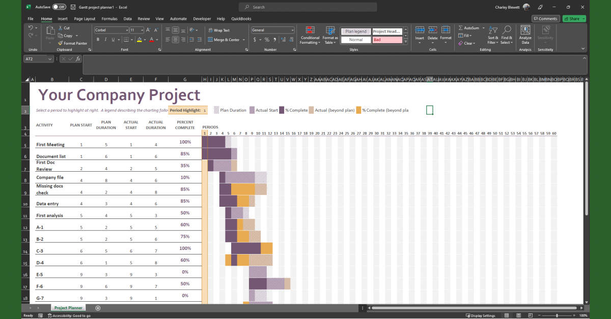 Ghant chart company project management in Excel.